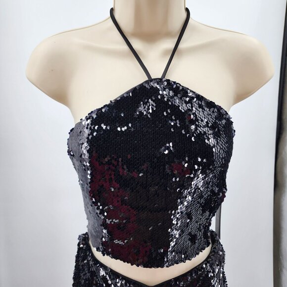 House of Harlow 1960 Women’s XS Black Sequin 2 Pc Halter Crop Top Pants Set New - Picture 3 of 14